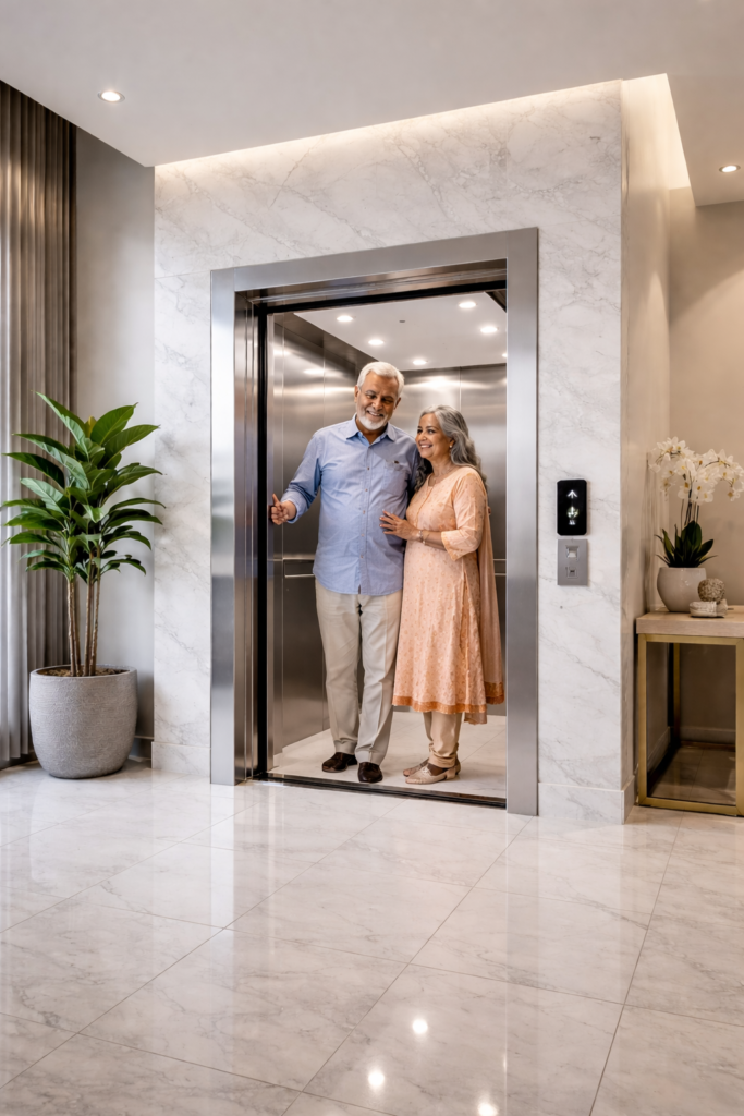 An elderly couple smiling inside a modern stainless steel home elevator with a marble wall surround in a luxury Pune residence.