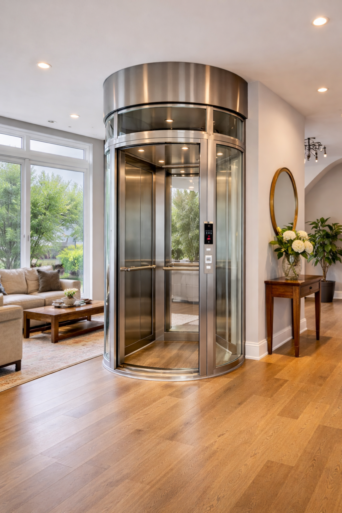 Modern circular glass residential elevator with stainless steel trim installed in a luxury home living room.