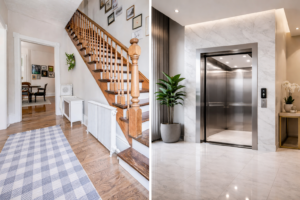Side-by-side comparison of a traditional wooden staircase and a modern pitless luxury elevator installed in a high-end residential home.