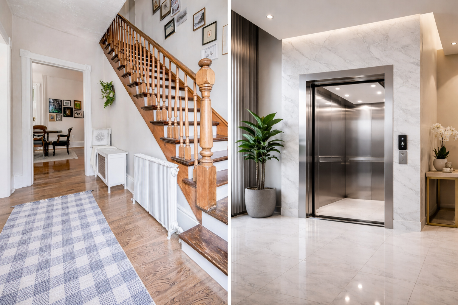 Side-by-side comparison of a traditional wooden staircase and a modern pitless luxury elevator installed in a high-end residential home.