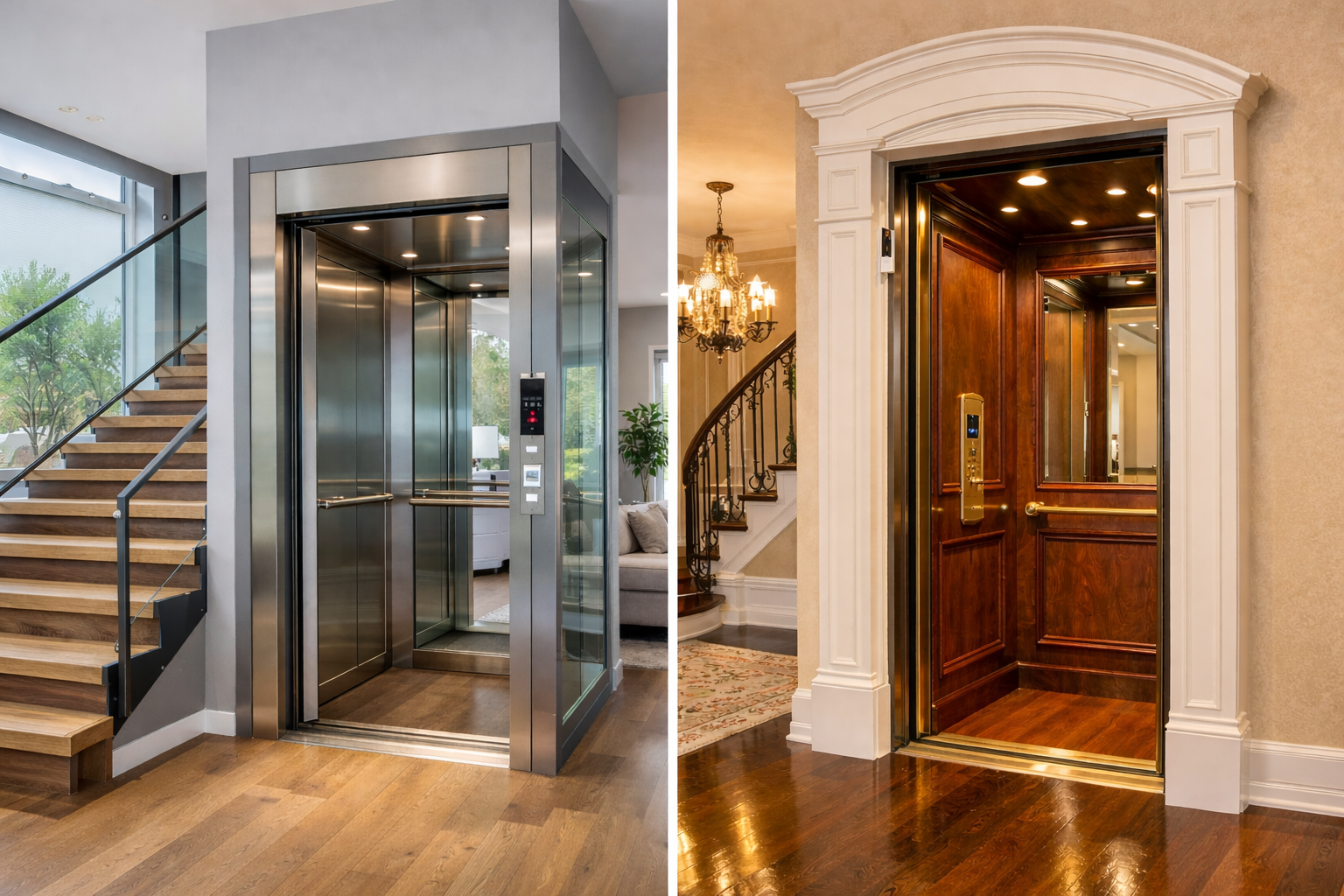A side-by-side comparison of a modern glass and steel home elevator next to a classic wood-paneled residential lift with elegant white trim.