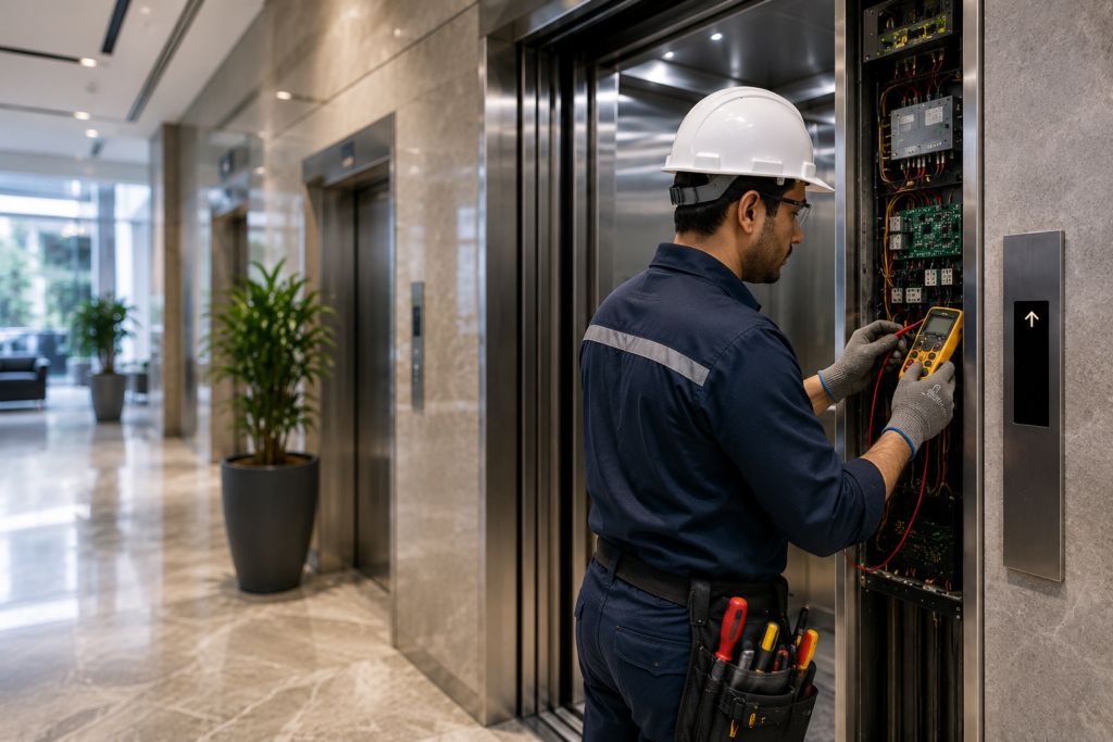 Elevator maintenance technician inspecting lift control panel in a modern commercial building lobby.