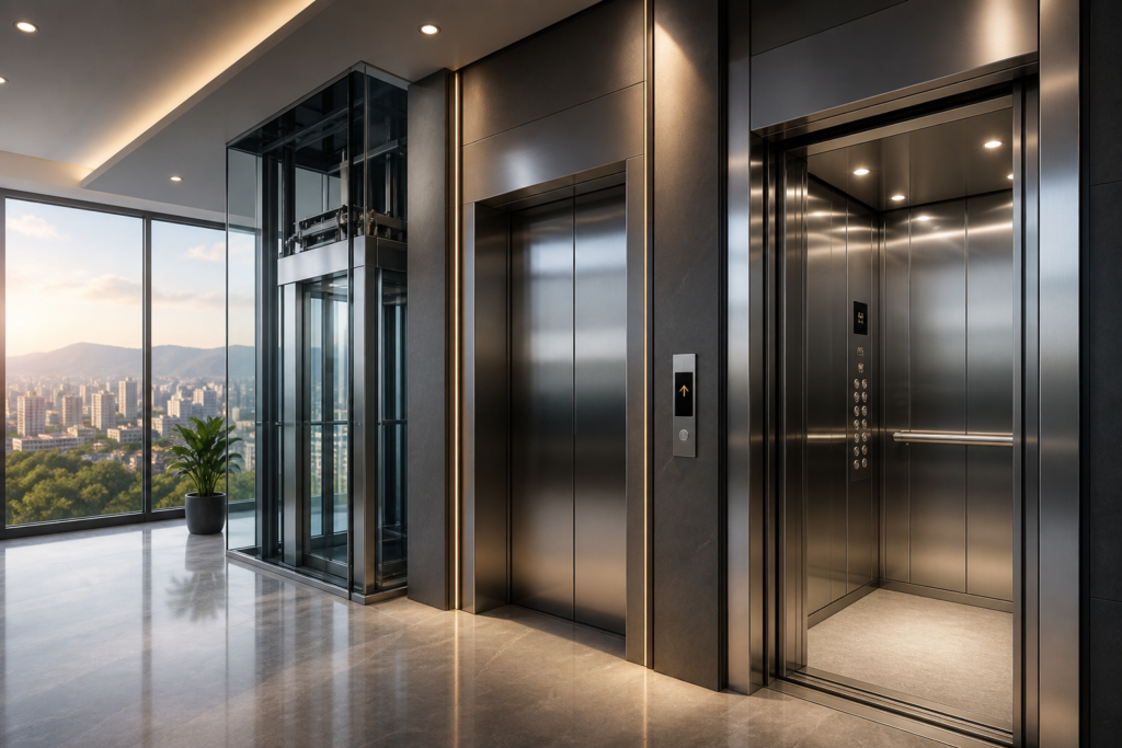 Modern elevator lobby with sleek metallic lift doors, glass panoramic elevator, marble flooring, and city skyline view in a contemporary high-rise building.